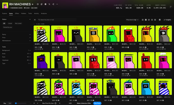A dashboard of the "RH MACHINES" NFT collection on OpenSea displays 8,552 items with a floor price of $25.74 and total volume of $104.8K, featuring colorful cartoon-style character thumbnails. The "FLOOR IS LAVA" post about the collection's price surge from $0 to $30 in 12 hours corresponds to the active trading activity shown, with the "Buying" status filter indicating the user is actively purchasing items.