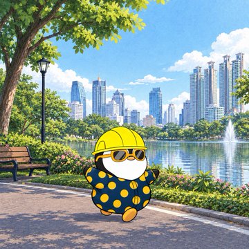 A cartoon yellow duck in a yellow hard hat, sunglasses, and polka-dot outfit walks along a park path beside a lake with a city skyline in the background.
