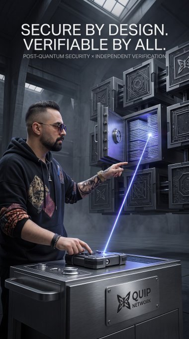 A promotional image for QUIP NETWORK featuring a man pointing at a futuristic vault, with the text 'SECURE BY DESIGN. VERIFIABLE BY ALL. POST-QUANTUM SECURITY x INDEPENDENT VERIFICATION'.