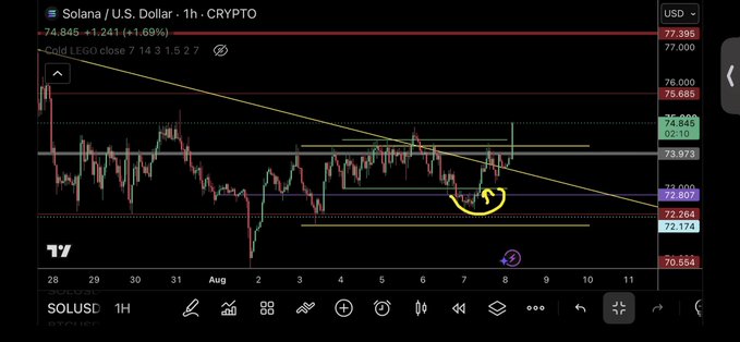 A TradingView chart shows Solana (SOL/USD) on a 1-hour timeframe, currently at $74.845 (+1.69%), with technical analysis featuring a descending trendline, support/resistance zones around $72-74, and a circled area highlighting a potential bullish trigger setup near $72.607. The annotations align with "$SOL trigger plans" by marking key entry zones and levels for a trade setup.