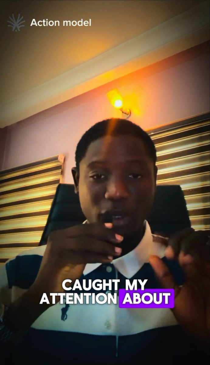 A man sits indoors wearing a striped polo shirt and gestures while speaking, with on-screen text reading 'Action model' and subtitles saying 'CAUGHT MY ATTENTION ABOUT'.