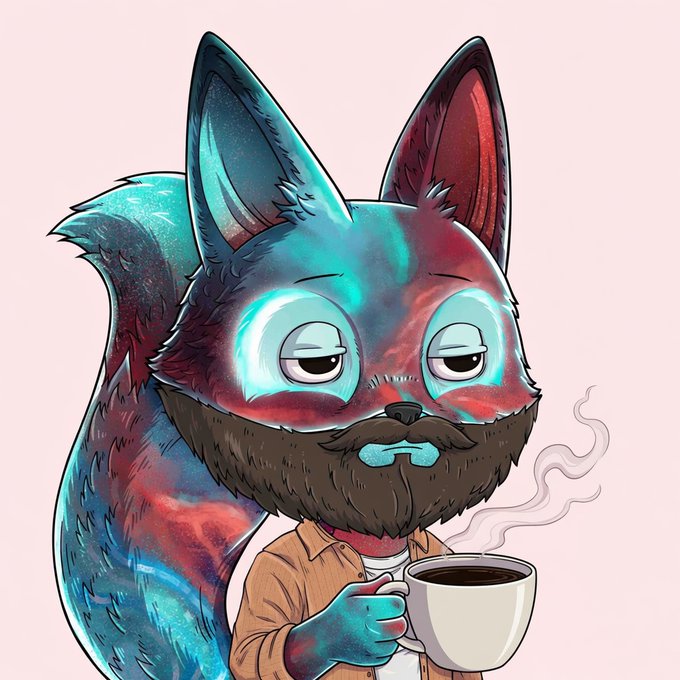 A digital illustration of an anthropomorphic fox-like character with vibrant teal and red fur, a brown beard, and droopy eyes, holding a steaming cup of coffee while wearing a tan jacket.