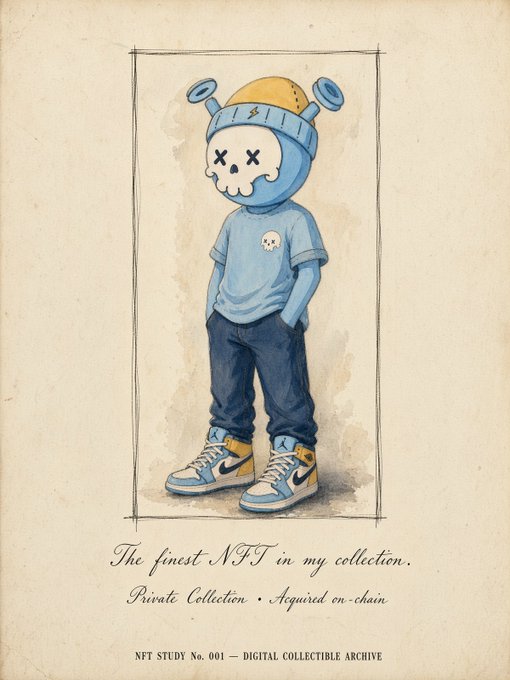 A watercolor-style NFT illustration of a blue skeleton character wearing a beanie and sneakers, captioned 'The finest NFT in my collection. Private Collection • Acquired on-chain' and labeled 'NFT STUDY No. 001 — DIGITAL COLLECTIBLE ARCHIVE'.