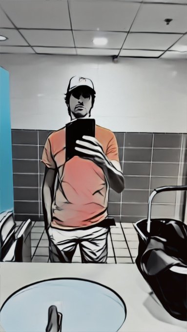 A stylized cel-shaded mirror selfie shows a man in a white cap and orange shirt holding a phone in a tiled bathroom.