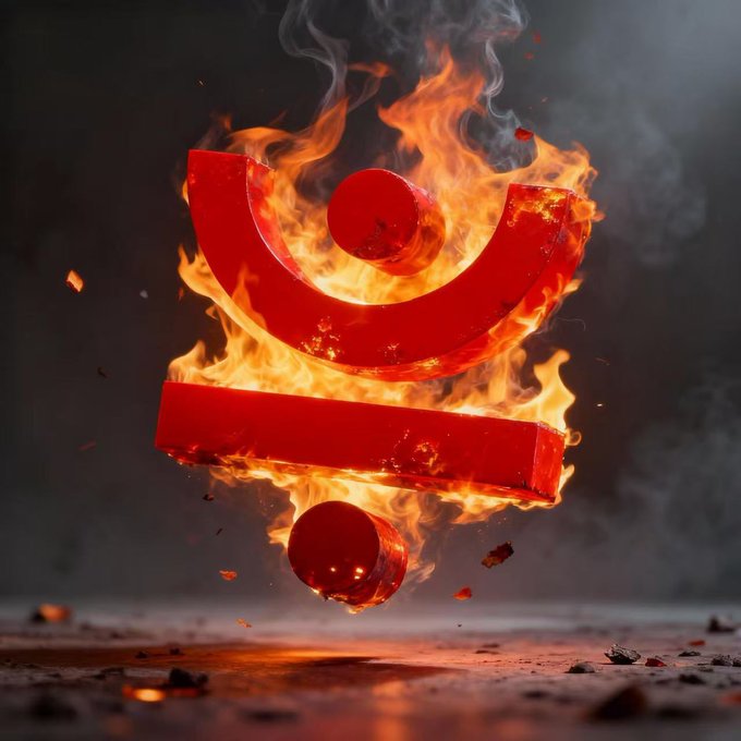 A red, three-dimensional exclamation mark is engulfed in flames, suspended above a fiery surface with smoke swirling behind it. The image complements the post about JustLend DAO V2's risk-isolated lending foundation, with the burning alert symbol visually emphasizing the critical message about capital solvency and risk management for global suppliers.