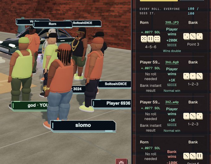 A screenshot from a virtual dice-rolling game on SoltoshIDICE, showing player avatars gathered together with a betting interface displaying rolls and wins/losses.