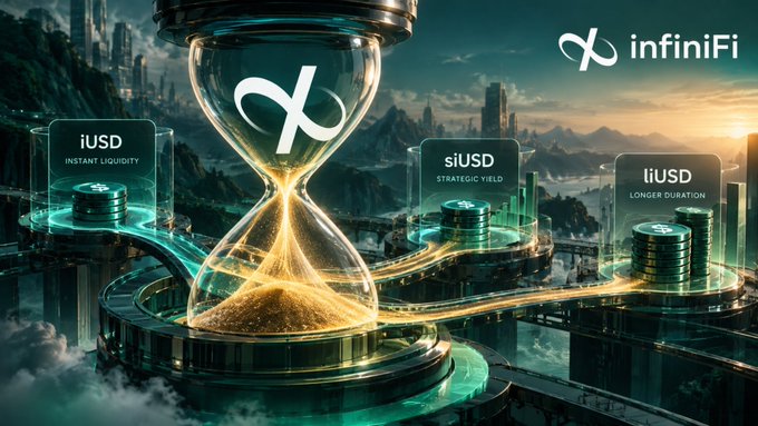 InfiniFi cryptocurrency promotional graphic featuring an hourglass with the InfiniFi logo and three products: iUSD Instant Liquidity, siUSD Strategic Yield, and liUSD Longer Duration.