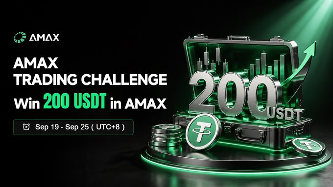 A promotional banner for 'AMAX TRADING CHALLENGE' advertises 'Win 200 USDT in AMAX' with dates 'Sep 19 - Sep 25 (UTC+8)' alongside an open briefcase revealing green-lit trading charts and Tether coins.