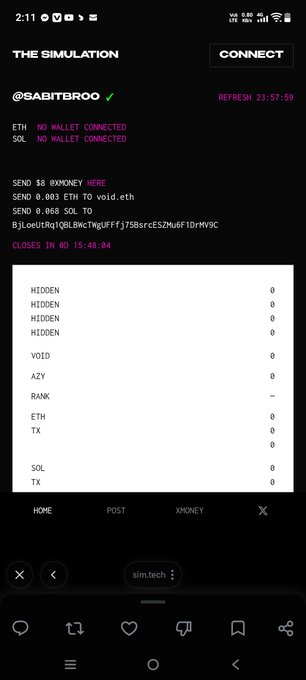 A mobile screenshot of "THE SIMULATION" showing wallet connection status with "NO WALLET CONNECTED" for ETH and SOL, a timer counting down, and a hidden leaderboard labeled "@GABITBROO".