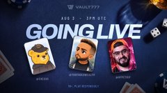 A dark blue promotional graphic for a Vault777 livestream titled 'GOING LIVE' on January 1, 19:00 UTC, featuring three streamer avatars labeled '4SKIN', 'X7ERONAUTS', and 'BSGTECH'.