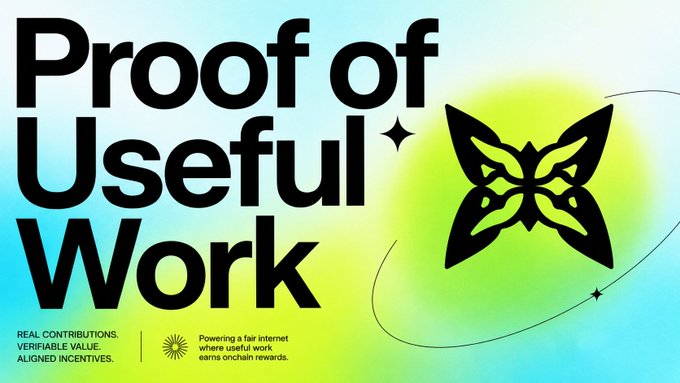 The image depicts a banner featuring a black butterfly logo with green and yellow colors, positioned above text reading "Proof of Useful Work" and an aviation-themed background. The text above the butterfly logo explains that the concept is related to generating a unique hash value from user input, which can be used in solving optimization problems or simulating real-life computing challenges. The design elements create a visually appealing representation of this idea while highlighting its potential benefits for users or practitioners working with such algorithms.