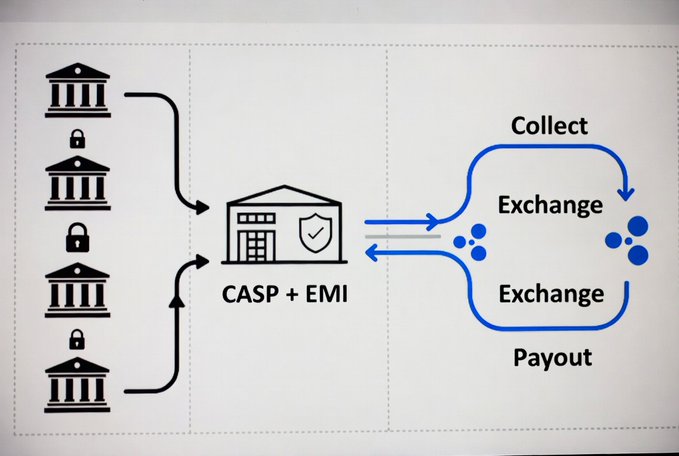 A diagram showing banks connecting to a CASP + EMI entity, which then handles Collect, Exchange, and Payout flows with a crypto exchange represented by the XRP logo.