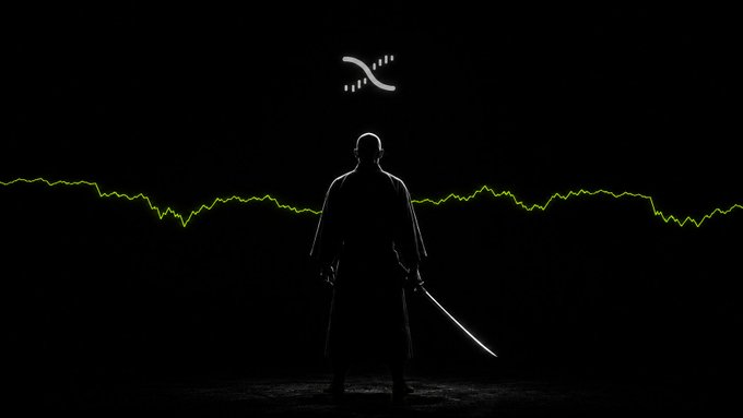 A silhouette of a samurai holding a glowing sword stands against a black background, with a green chart line and the Injective logo above.