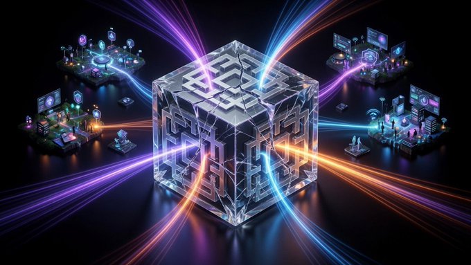 A digital illustration featuring a glowing transparent cube/maze at the center with colorful neon light streams connecting to small futuristic scenes and computer screens floating around it on a black background.