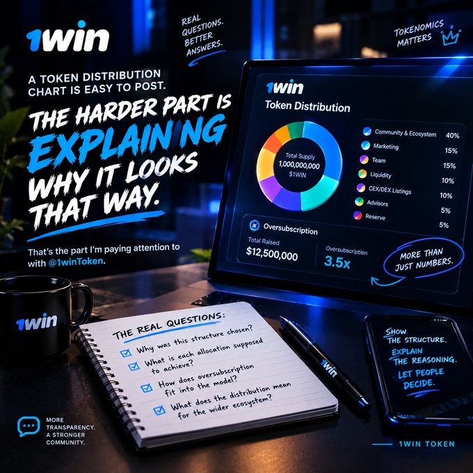 A promotional graphic for '1WIN' token featuring a token distribution pie chart showing Community & Ecosystem 40%, Marketing 15%, Team 15%, Liquidity 10%, CEX/DEX Listings 10%, Advisors 5%, Reserve 5%, with text about explaining tokenomics.