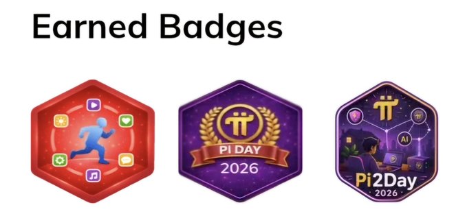 Three 'Earned Badges': a red hexagonal Hex Runner badge, a purple 'Pi Day 2026' badge, and a 'Pi2Day 2026' badge featuring a person at a computer.