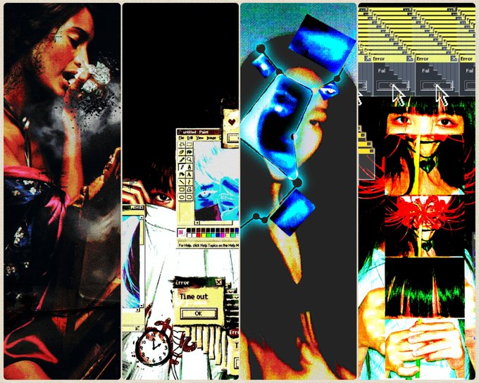 A four-panel digital art collage with a glitchy, cyberpunk aesthetic featuring portraits of women, retro computer error dialogs, and pixelated interface elements.