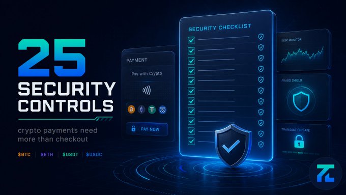 A promotional graphic titled '25 SECURITY CONTROLS' stating 'crypto payments need more than checkout,' featuring cryptocurrency tickers BTC, ETH, USDT, and USDC alongside security checklist UI elements.