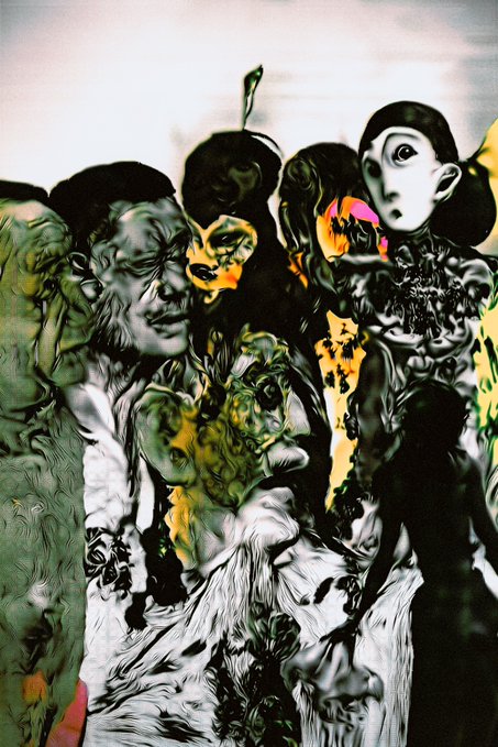 A surreal, dark-toned artwork depicting distorted, ghostly figures and faces in shades of black, gray, green, and yellow, with one pale figure staring directly outward amid chaotic, melting forms.