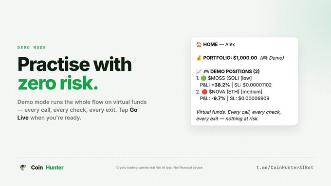 A website banner for 'Coin Hunter' advertising a 'Demo Mode' for crypto trading practice with zero risk, showing a sample portfolio of $1,000.00 with positions in IMOSS and Snova.