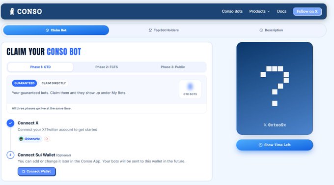 A screenshot of a website for 'CONSO' showing a page to 'CLAIM YOUR CONSO BOT' with options to 'GUARANTEED' or 'CLAIM DIRECTLY', and steps to connect an X/Twitter account and an optional Sui Wallet.