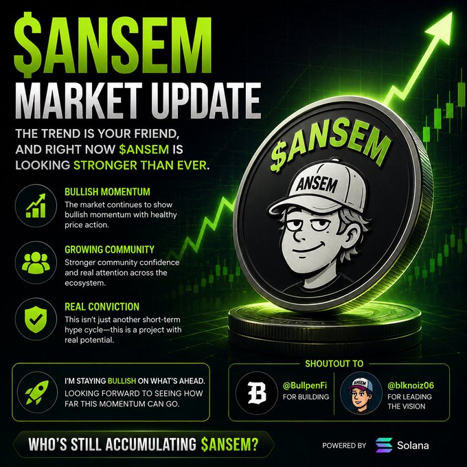 A promotional "$ANSEM Market Update" graphic featuring a cartoon mascot coin wearing an "ANSEM" cap, surrounded by a green rising chart and stats highlighting "Bullish Momentum," "Growing Community," and "Real Conviction," with shoutouts to @BullpenFi and @blknolz06, powered by Solana. The bullish imagery (upward arrow, green candlesticks, "STRONGER THAN EVER" text) reinforces the post's message that $ANSEM is experiencing sustained upward momentum rather than short-term hype.