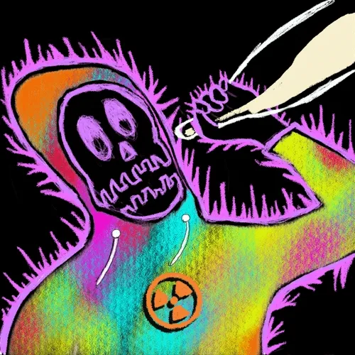 The image features a colorful cartoon drawing of a skull with a face, wearing a hooded jacket that has a skull design on it. The skull appears to be in distress or pain, as if being attacked by an unseen force. A person is holding a pair of scissors over the skull's head, which adds to the sense of danger and vulnerability. The image also includes text that reads "rektguy #531b sold for 0.579 ETH Bought by 0x86a8...967b Sold by 0x68d4...e434 opensea.io/assets/ethereu ...". This suggests that the drawing is part of an online marketplace where people can buy and sell artwork, including this particular piece featuring a skull in distress.