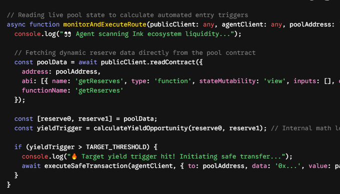 The image presents a codebase with two different sections of the JavaScript programming language being displayed side by side. The left section appears to be a pool or pool state calculator, while the right one might contain data about automated entry triggers for pool management systems. In addition, there is an error message in red that seems related to setting up a pool on the mainnet. There are also two types of transactions being calculated: target transactions and threshold transactions.