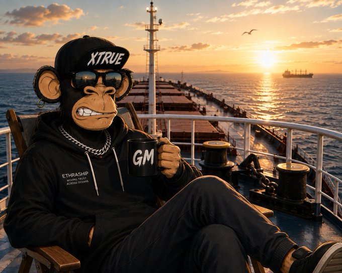 An illustrated monkey character wearing an 'XTRUE' cap and sunglasses, holding a 'GM' mug, sitting on a ship's deck during sunset.