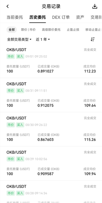 A mobile app screenshot showing OKB/USDT trading history with multiple buy orders at different prices over the past week.