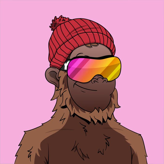 An illustrated monkey character wears a red beanie and reflective pink-yellow sunglasses against a pink background.