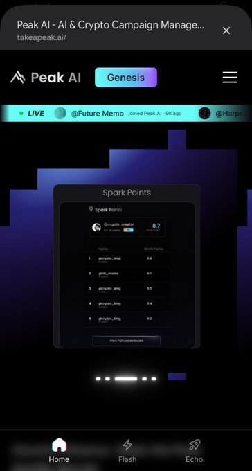 mobile screenshot of the Peak AI app displaying Spark Points leaderboard and crypto campaign interface