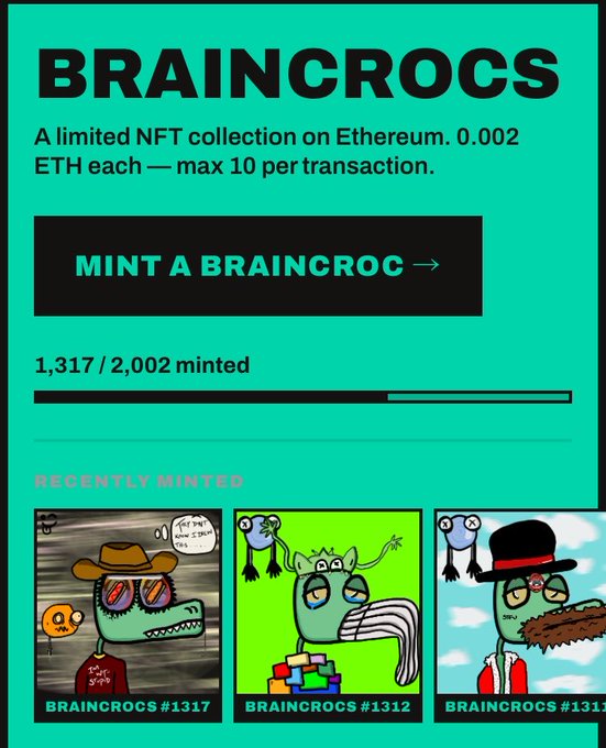 A promotional page for "BRAINCROCS," a limited NFT collection on Ethereum priced at 0.002 ETH each, shows 1,317 of 2,002 minted and displays three cartoon crocodile NFT examples (#1317, #1312, #1311).