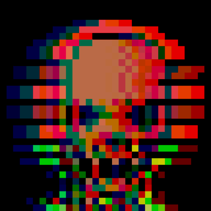 A heavily pixelated image on a black background, displaying blocky clusters of red, blue, green, and orange colors that obscure the original subject.