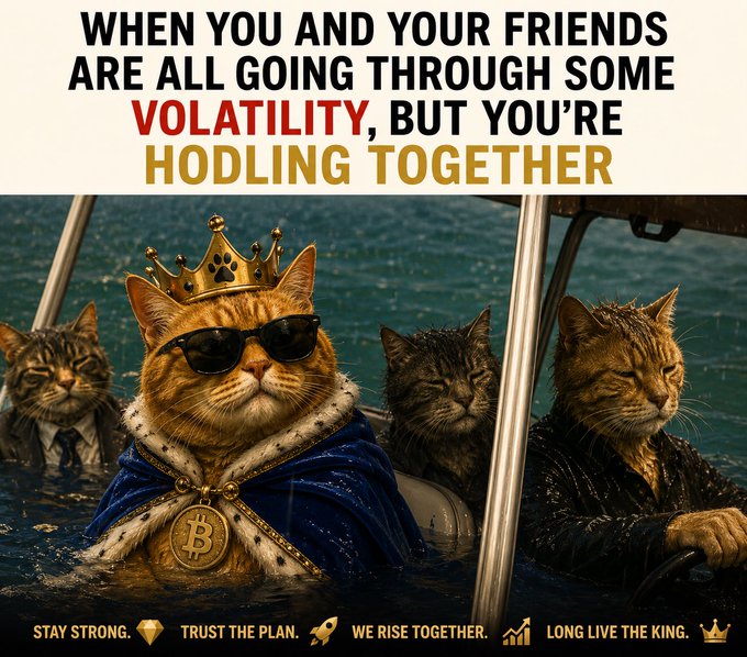 A meme featuring cats in a boat with the text 'WHEN YOU AND YOUR FRIENDS ARE ALL GOING THROUGH SOME VOLATILITY, BUT YOU'RE HODLING TOGETHER' and slogans 'STAY STRONG. TRUST THE PLAN. WE RISE TOGETHER. LONG LIVE THE KING.'
