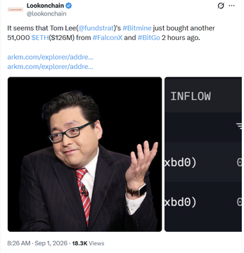 A tweet from Lookonchain (@lookonchain) notes that Tom Lee (@fundstrat) purchased another 51,000 $ETH (~$126M) from #FalconX and #BitGo 2 hours ago.