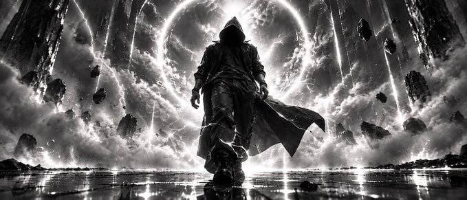 A black and white digital artwork featuring a hooded, cloaked figure standing before a glowing circular portal, with floating rocks and dramatic clouds in the background.