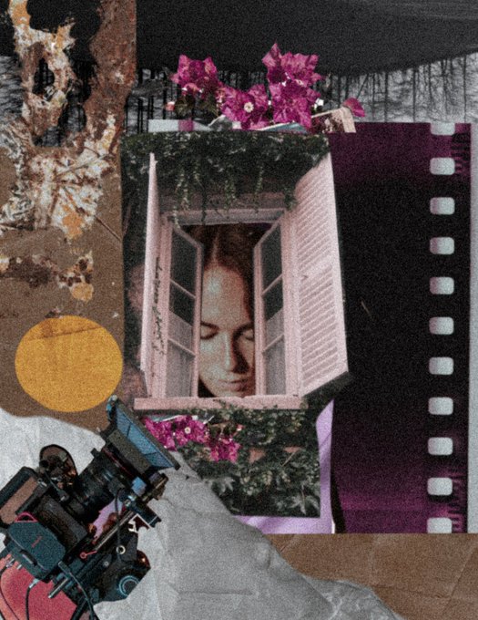 Mixed-media collage featuring an open window with a woman's face inside, surrounded by flowers, a film strip, a yellow circle, and a vintage camera.