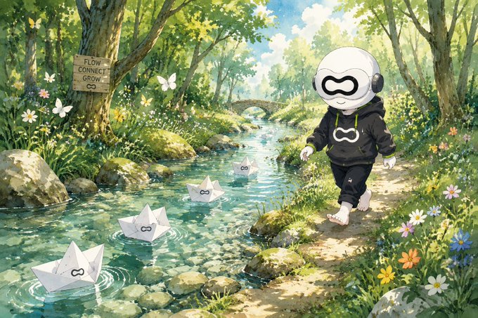 An illustrated scene shows a masked figure in a hoodie with an infinity-symbol logo walking along a forest stream where paper boats bearing the same logo float downstream, near a wooden sign reading 'FLOW CONNECT GROW.'