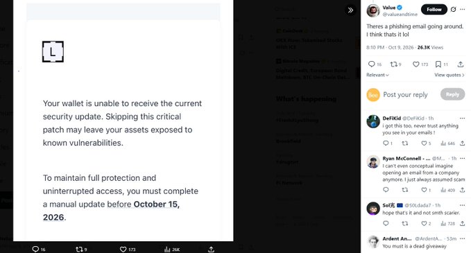 A Truth Social post screenshot showing a phishing email warning about wallet security updates requiring action before October 15, 2026, posted by Value (@valueandtime) with 26.3K Views and various skeptical comments below.