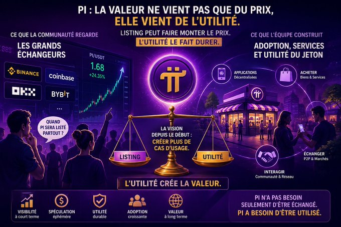 A French-language infographic explaining the value of the Pi cryptocurrency, featuring exchanges like Binance, Coinbase, OKX, and Bybit, with the message 'PI : LA VALEUR NE VIENT PAS QUE DU PRIX, ELLE VIENT DE L'UTILITÉ.'