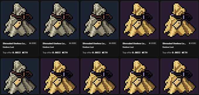 A grid of eight pixel art 'Shrouded Useless' NFT collectibles, each priced at a top offer of 0.0822 METH, displayed in both gray and tan color variants.