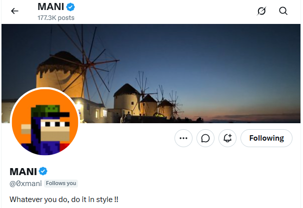 A Twitter/X profile page for 'MANI' (@0xmani) with a verified checkmark, showing 177.3K posts, a pixel art avatar of a character with sunglasses, and a cover photo of windmills in Mykonos.