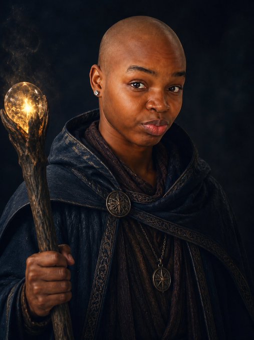 A portrait of a young woman with a shaved head wearing a dark hooded cloak and a star pendant necklace, holding a wooden staff topped with a glowing crystal-like orb.