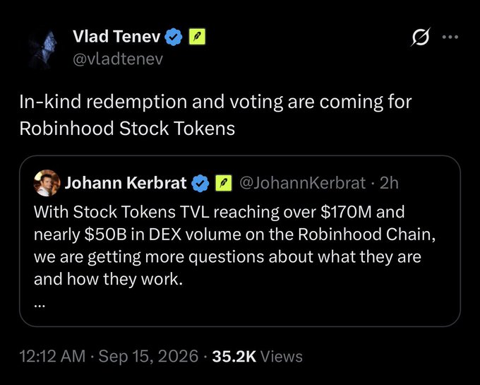 A tweet from Vlad Tenev (@vladtenev) stating 'In-kind redemption and voting are coming for Robinhood Stock Tokens', quoting Johann Kerbrat about Stock Tokens TVL reaching over $170M and nearly $50B in DEX volume on the Robinhood Chain.
