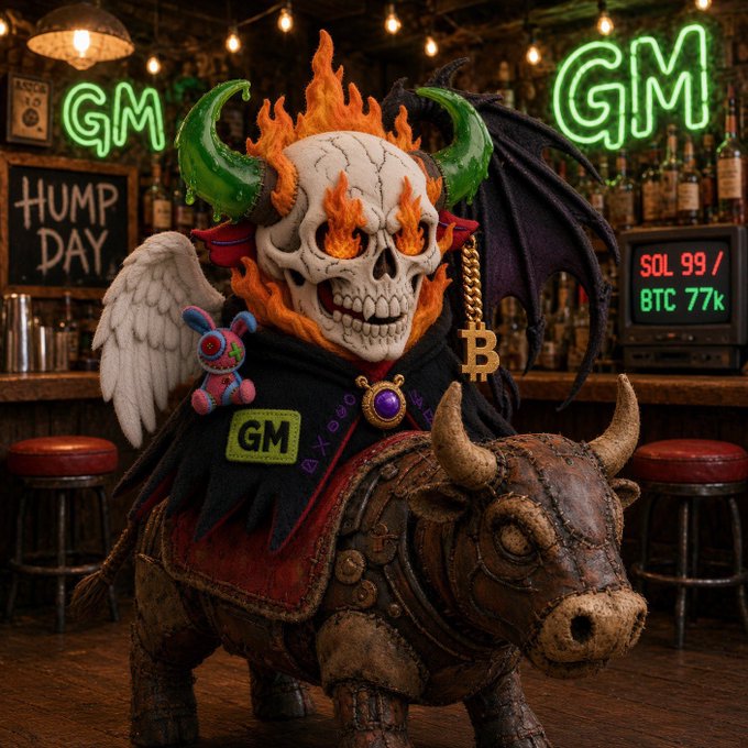 A whimsical AI-generated scene featuring a flaming skull-headed demon with green horns, bat wings, and a Bitcoin necklace riding a steampunk mechanical bull in a neon-lit bar, with 'GM' signs, a 'HUMP DAY' chalkboard, and a ticker showing 'SOL 99 / BTC 77k'.