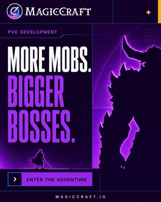 A vertical promotional banner for the game MagicCraft.io highlighting 'PVE DEVELOPMENT' with the text 'MORE MOBS. BIGGER BOSSES.' and an 'ENTER THE ADVENTURE' button, featuring a silhouette of a dragon-like creature.