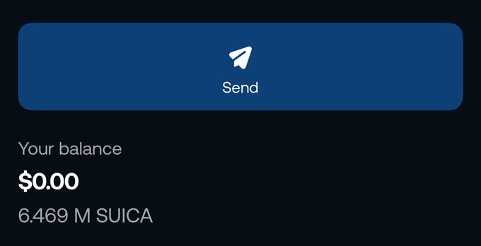 The image shows a digital wallet interface with a $0.00 balance and 6.469 M SUICA tokens, featuring a "Send" button. This relates to the post's call to action to bond $SUICA, likely showcasing the user's available token holdings for the bonding action.