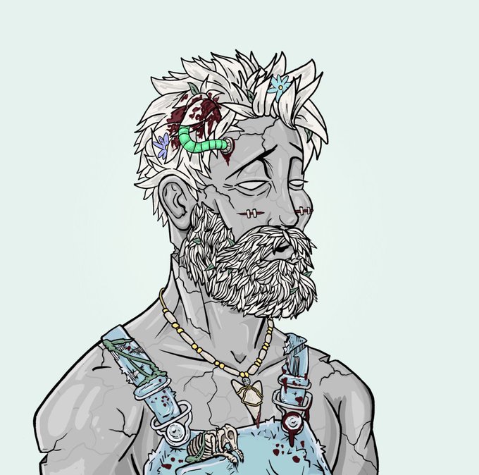 The image features a man with a beard, wearing overalls and holding a gun. The man has a white beard and appears to be in a state of distress or sadness. There are two other people visible in the background who seem to be involved in some sort of conflict. The caption reads "Saw @DeGodsNFT are on sale so had to grab. Always wanted a white beard! May keep shopping." This suggests that the man with the beard is upset about something related to the gun he's holding, possibly due to an incident involving the gun or its purchase.