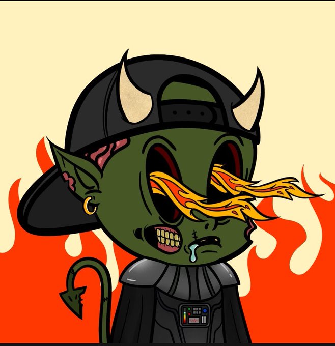 A cartoon illustration of a green devil-like creature wearing a backwards cap with horns, displaying flame-like tears and a Darth Vader-like outfit.